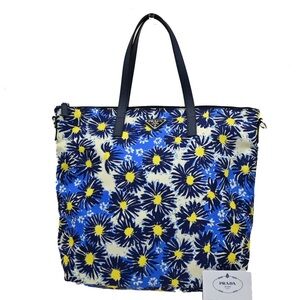 NWT PRADA MILANO Logo Tessuto Stampat Shoulder Tote Bag Leather Nylon Blue